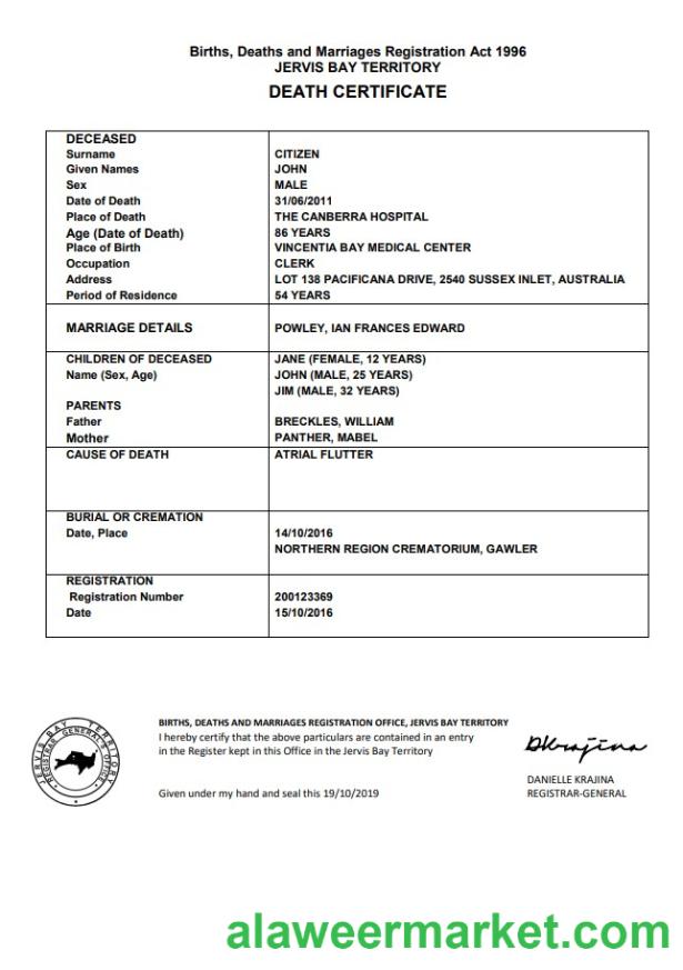 Australia Jervis Bay Territory death certificate template in Word format